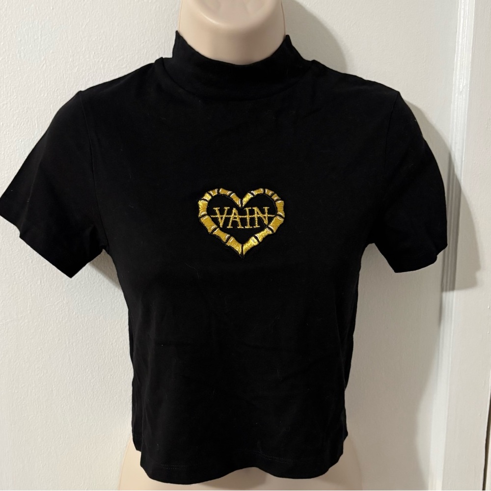 Lazy Oaf Top Vain Black Gold Heart T-shirt Mock Turtleneck Cropped Tight Fit Y2K